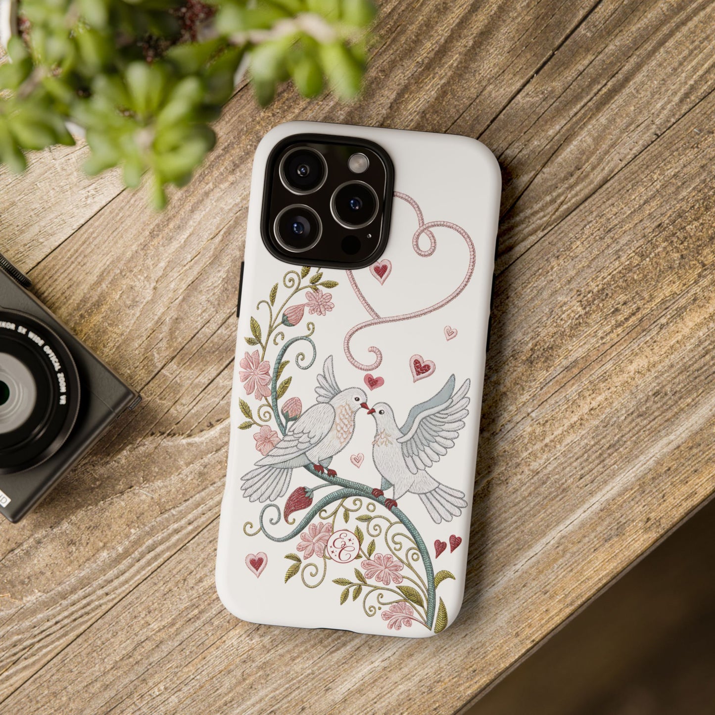 Romantic Love Birds Embroidery Tough Phone Case