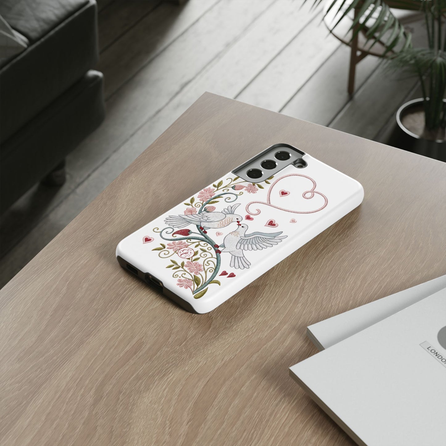Romantic Love Birds Embroidery Tough Phone Case