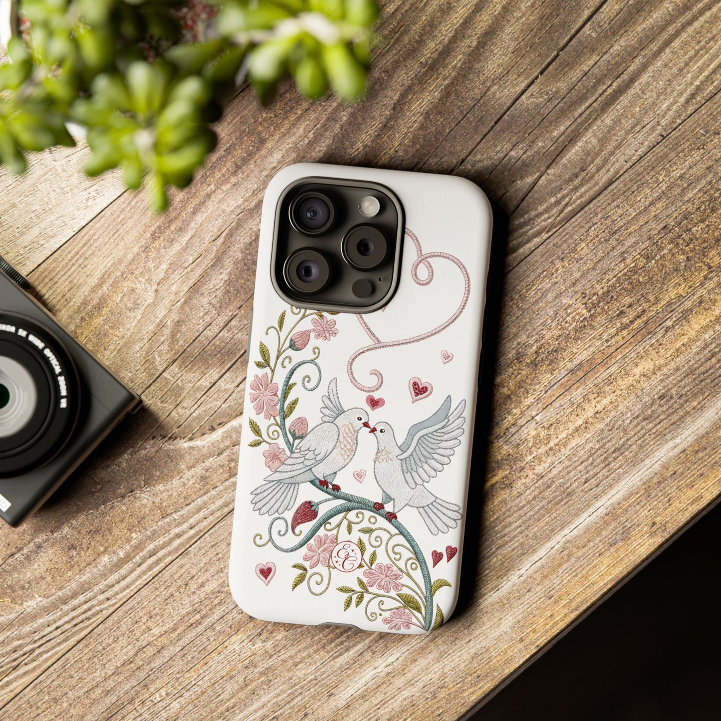 Romantic Love Birds Embroidery Tough Phone Case