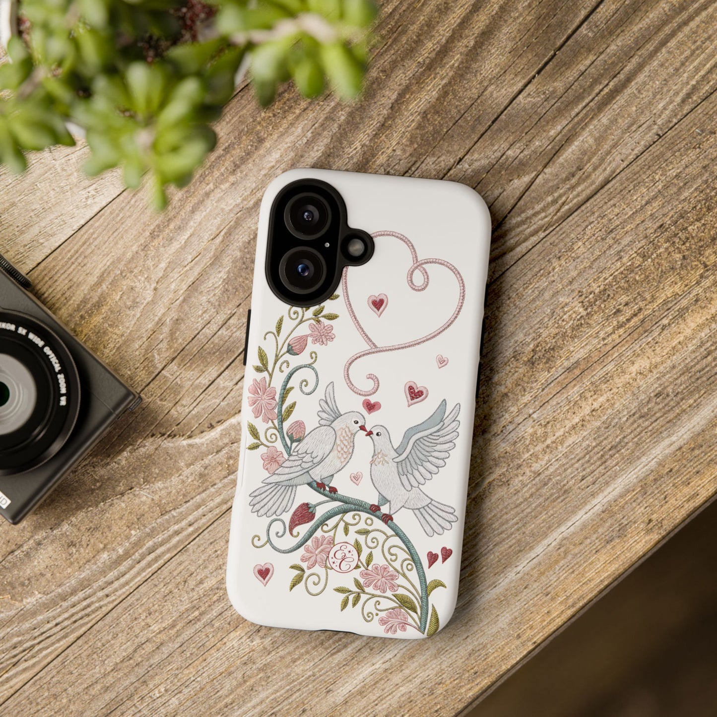 Romantic Love Birds Embroidery Tough Phone Case