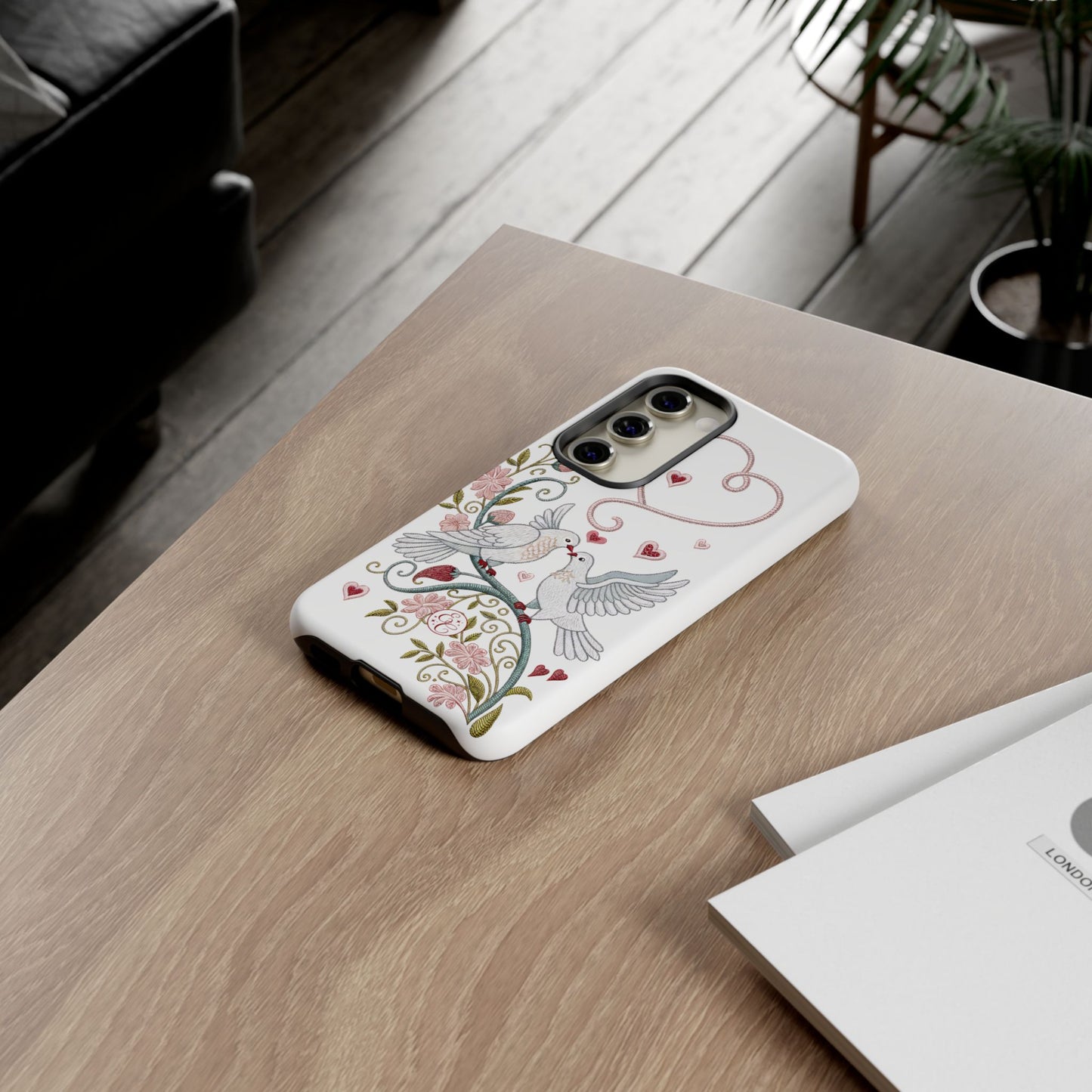 Romantic Love Birds Embroidery Tough Phone Case