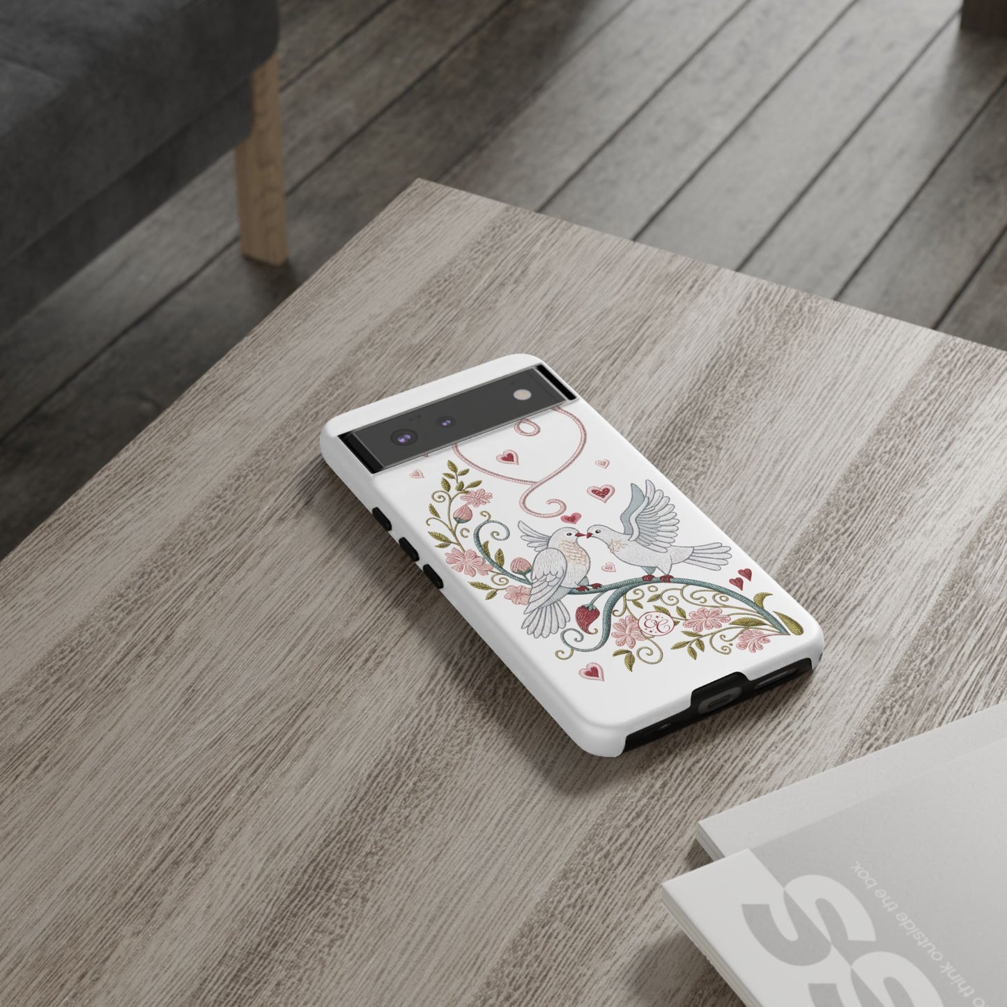 Romantic Love Birds Embroidery Tough Phone Case