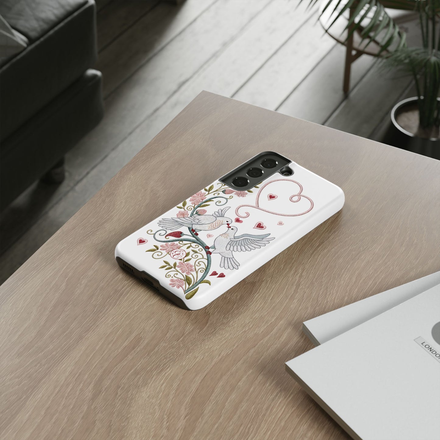Romantic Love Birds Embroidery Tough Phone Case
