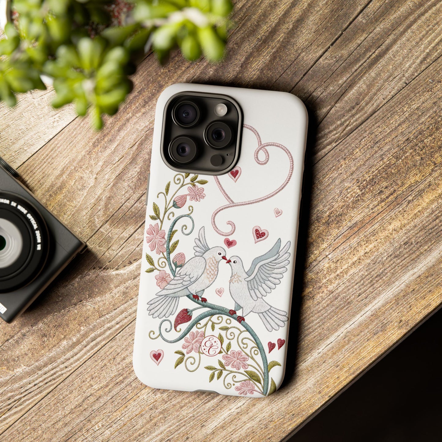 Romantic Love Birds Embroidery Tough Phone Case
