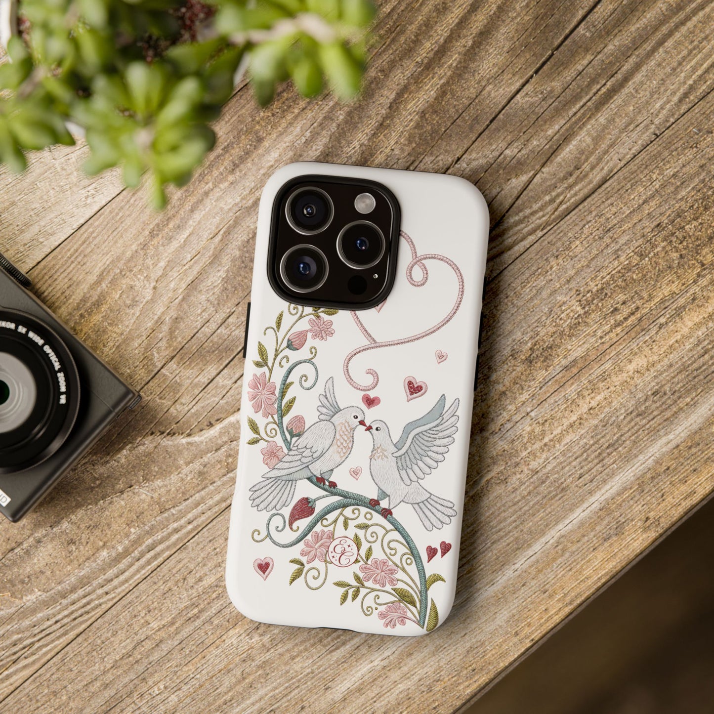 Romantic Love Birds Embroidery Tough Phone Case